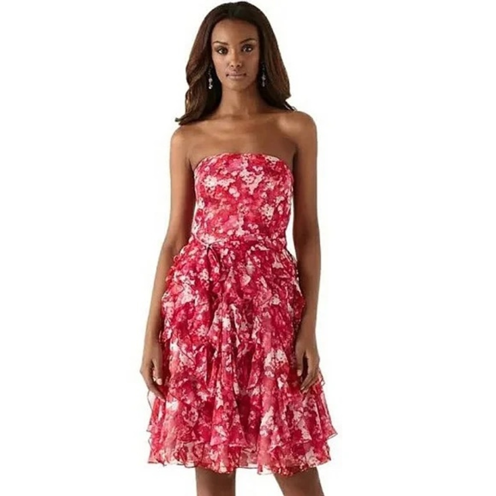 NWT WHITE HOUSE BLACK MARKET STRAPLESS CHIFFON FLORAL WATERFALL PINK DRESS SZ 2